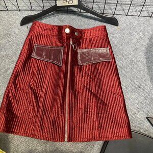 Red Corduroy Mini Skirt with Denim Pockets